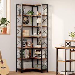Corner Bookshelf, 7-Tier Industrial Corner Bookcase, Tall Corner Shelf Storage Display Rack with Metal Frame for Living Room Home Office, Vintage Brow