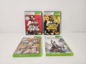 XBOX 360 Games

$85

Xbox 360
Assassin's Creed III 
$25

Borderlands 2
$15

Red Dead Redemption Undead Nightmare 
$20

Rockstar Games Presents Red dea