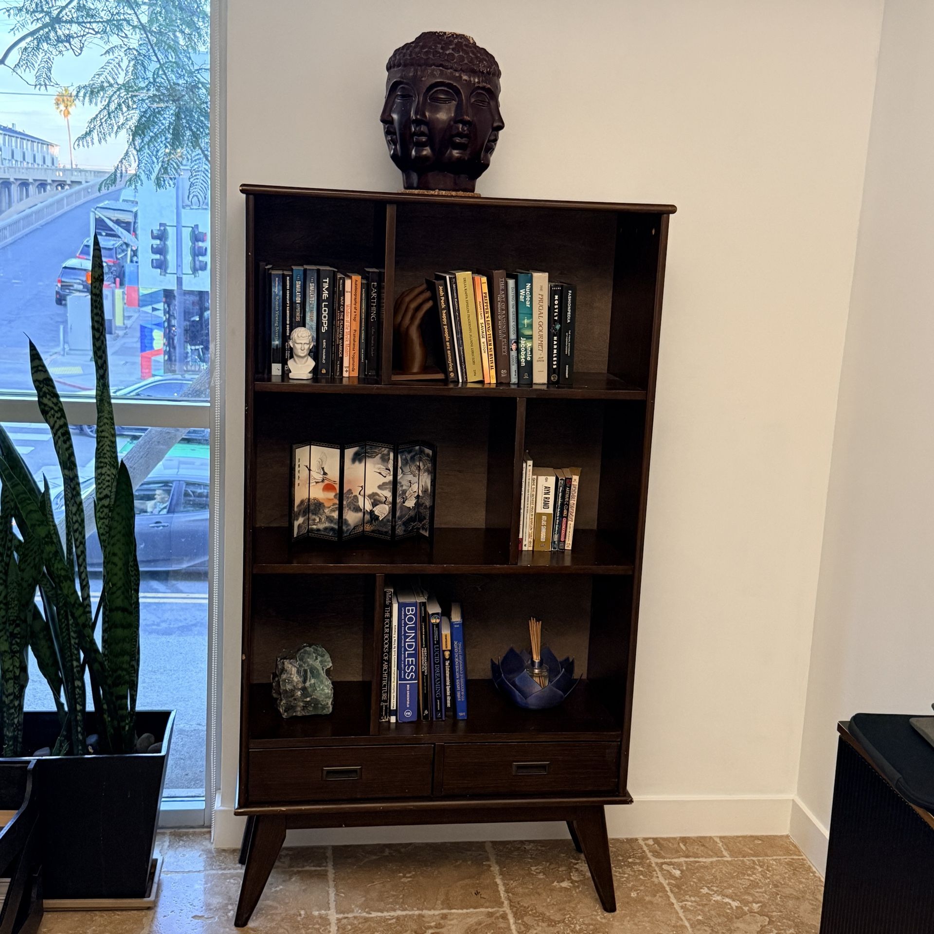 Stunning MCM Draper Bookcase - 64 inch Tall Solid Hardwood Wide Storage Bookshelf Mid-Century Modern