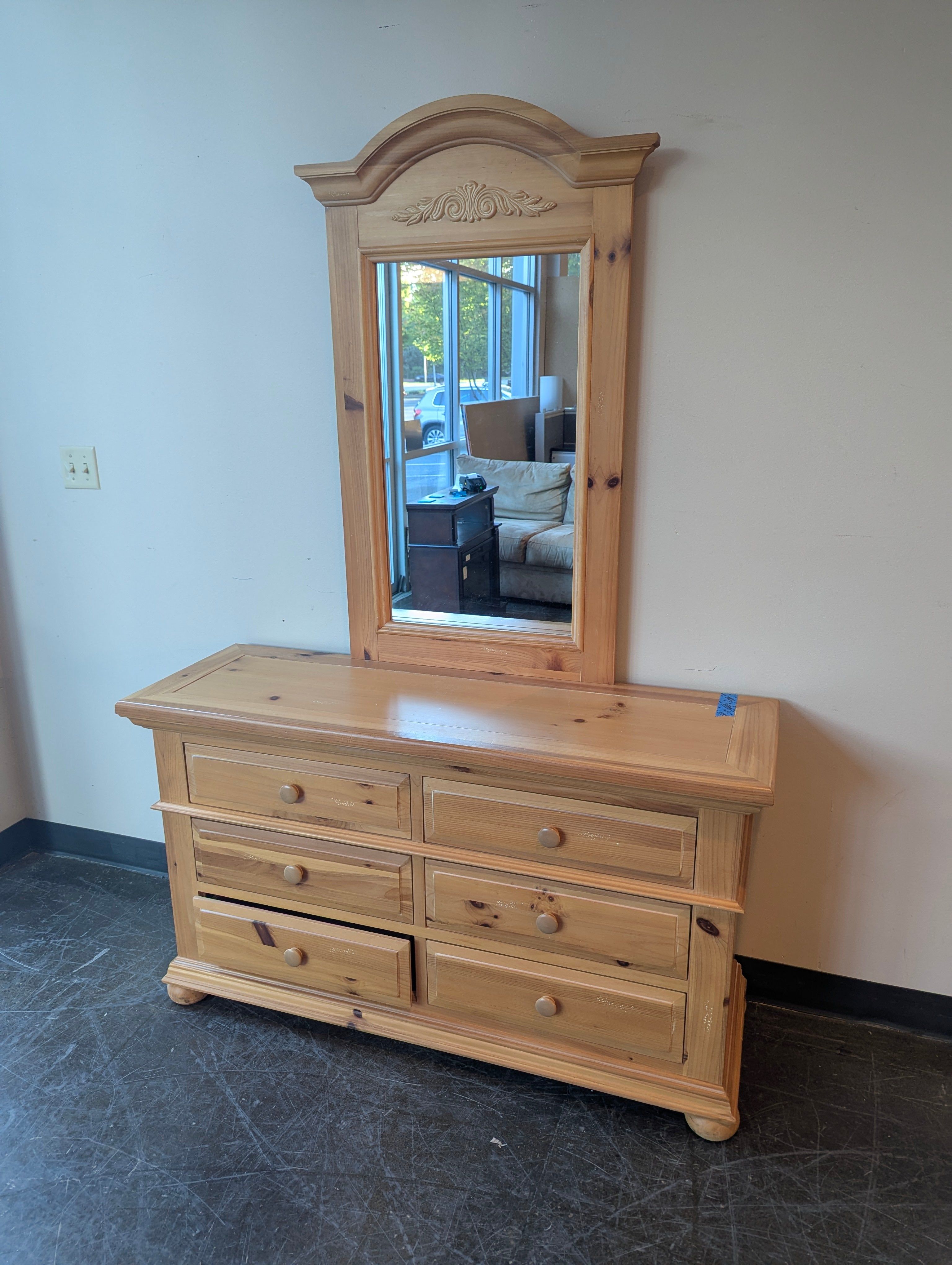 Light Wood Six Drawer Dresser with Mirror