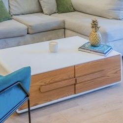 Modern White and Walnut Coffee Table/ Mid Century Style