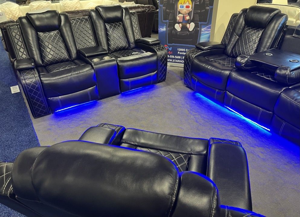 🔹3Pcs Leatherette Reclining Living Room Set W/Led