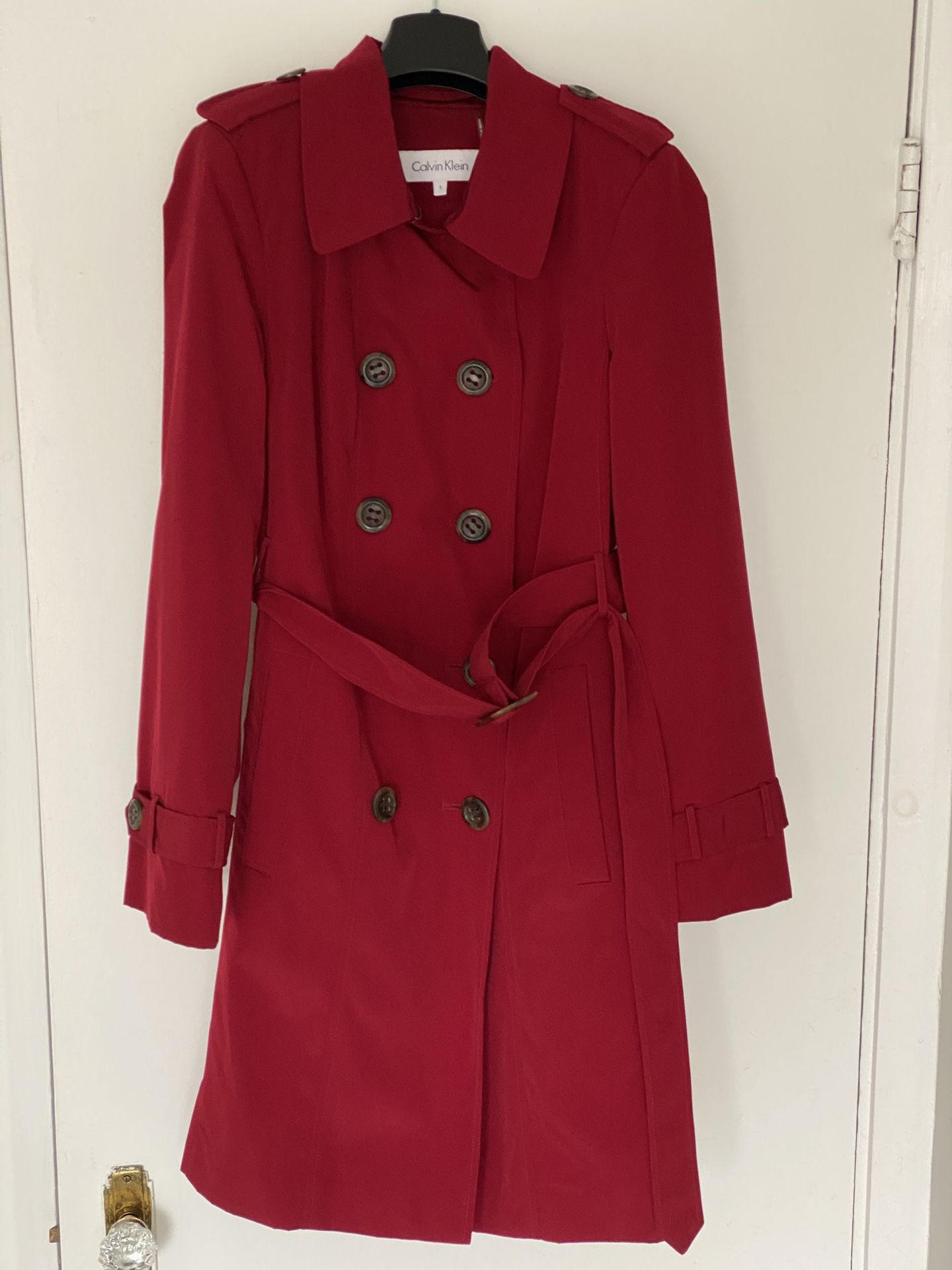Red Calvin Klein Fleece-Lined Trench Coat, Size S