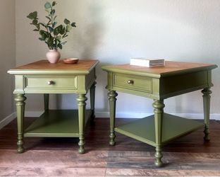 Drexel Olive Green Nightstands / End Tables – Solid Wood Pair