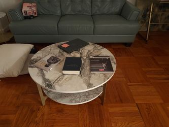 Round Marble-Top Coffee Table with Lower Shelf