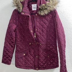 Small Burgundy Quilted Faux Fur Hooded Jacket