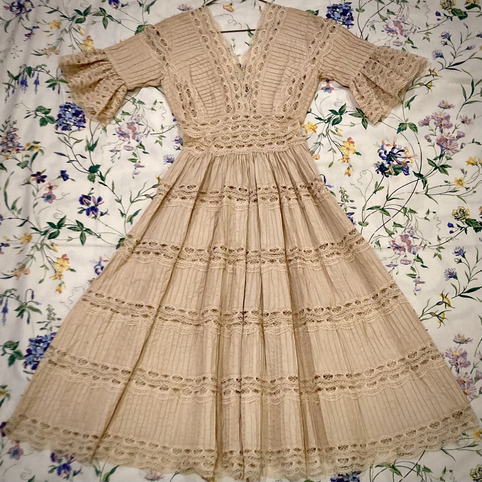 Vintage ecru cream cotton lace elbow length tiered flare midi Mexican Wedding dress