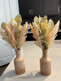 Wooden Vases with Dried Floral Arrangements – Set of 2