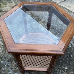 MCM Glass Top Walnut Hexagonal Side Table W/ Caning