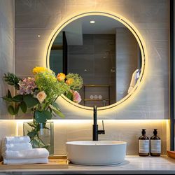 24”x24” Mirror with LED Lights Circle Backlit Illuminated Wall Mounted Anti-Fog 3 Colors Change IP65 Dimmable