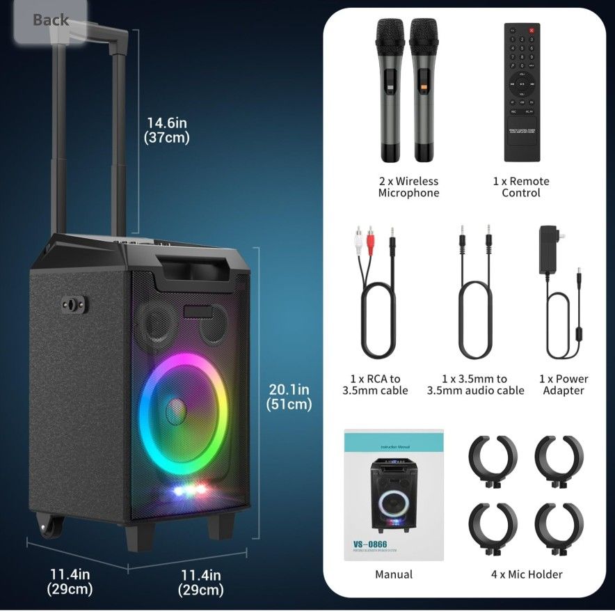 VeGue Karaoke Machine, Bluetooth Speaker PA System For Adults & Kids With 2 Wireless Microphones, 8'' Subwoofer, Wireless Singing Machine For Christma