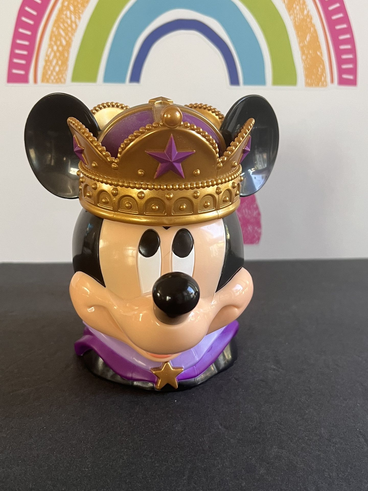 DISNEY MICKEY WITH HIS CROWN SNACK CUP - Lid Lifts  - 5 1/2 INCH LIKE NEW