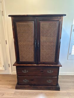 Vintage Wood Armoire with Cane Door Panels