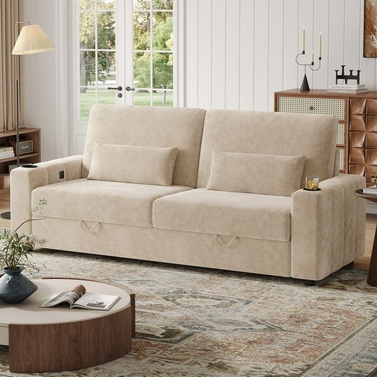 87”Large Loveseat Sofa, 3 Seater Couch with Storage, Velvet Fabric Deep Seat Sofa with Pillow& Cup Holders, Modern Comfy Sofa with USB& Type-C Ports,