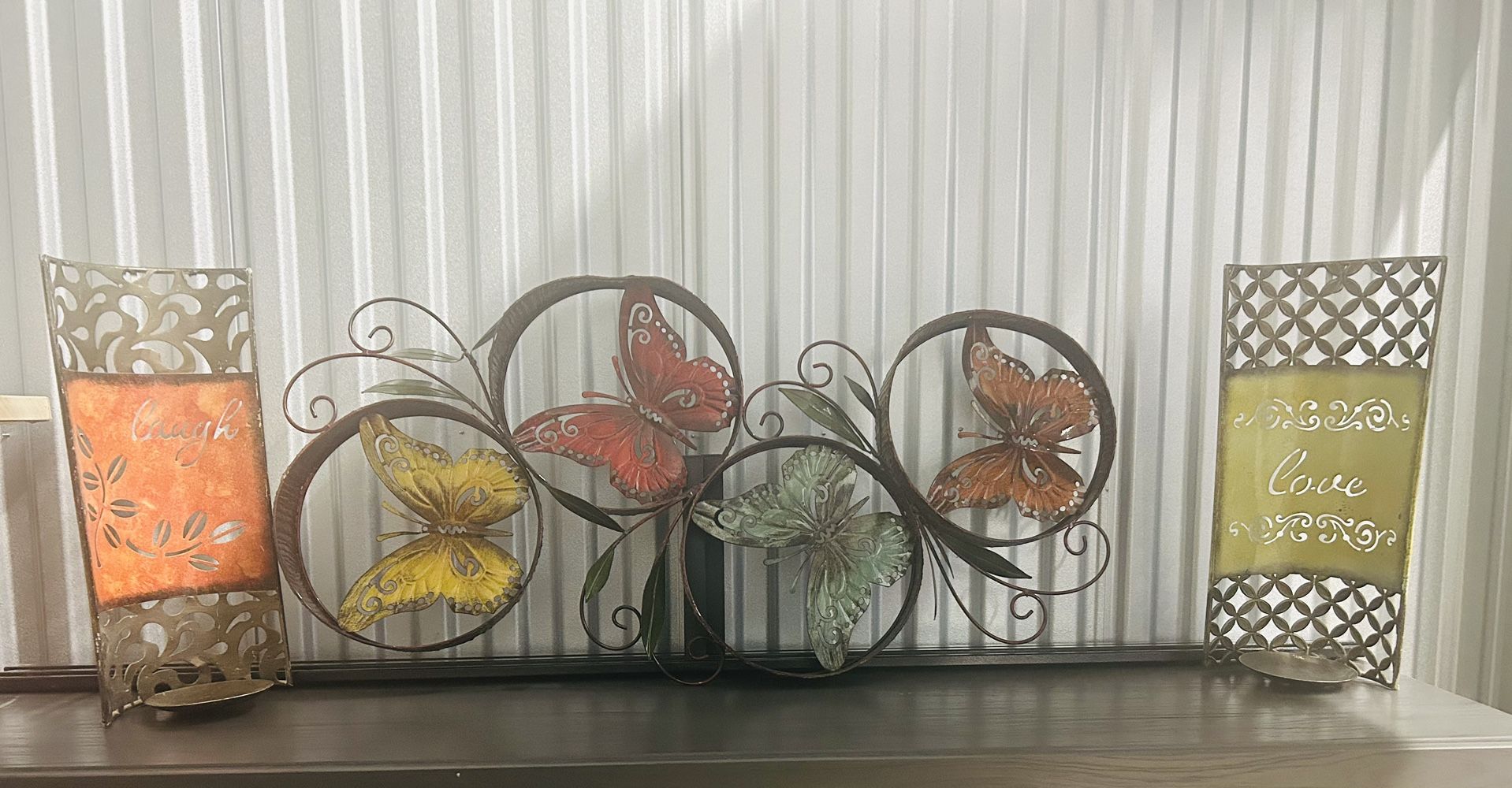 Wall Art Butterfly With Two Hanging Candle Holders 35 Inches Metal 35 Inches 17 Inches For Candle Holders