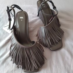 ZARA Women's Leather Wedges W Fringing Chocolate Brown  1336/410