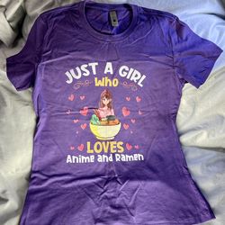 Purple “Just a girl who loves anime and ramen” t-shirt, kid size M, NEW
