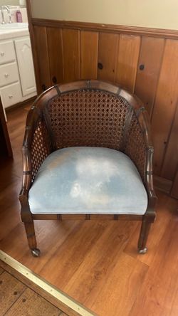Woven wood, blue velvet ￼seat, accent chair