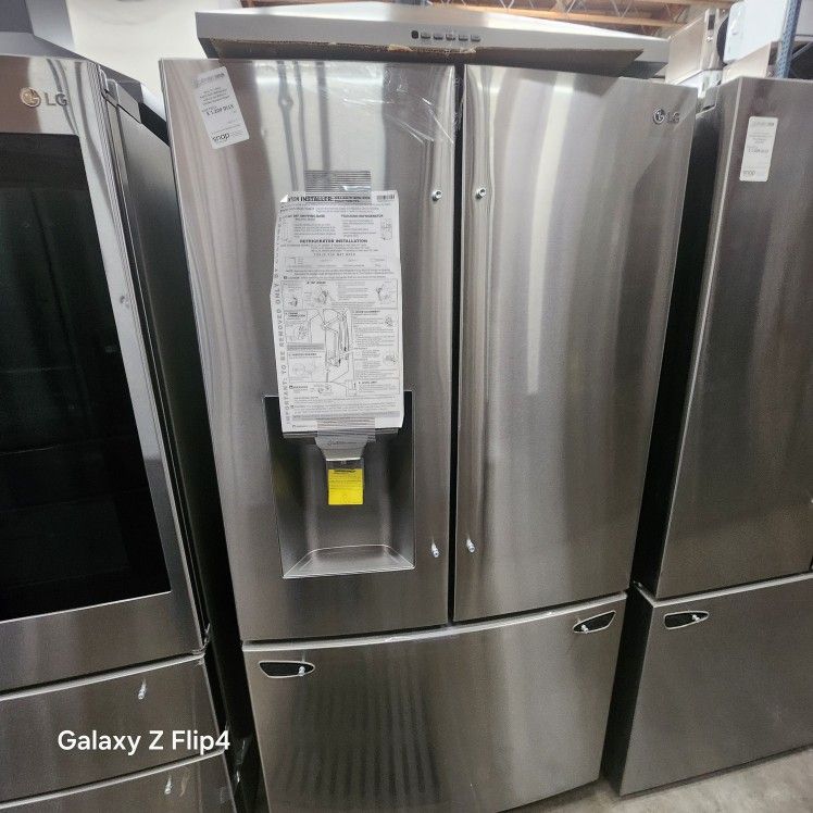 LG 28 Cu Ft 3 Door French Refrigerator With Ice And Water Single Ice Stainless Steel Standard Depth Appliances