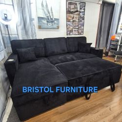 🎪 Convertible Sectional w/Pull Out Bed, Black Corduroy Fabric, New in the Box.