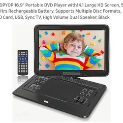 NEW 16.9" PORTABLE DVD PLAYER 6HRS RECHARGEABLE BATTERY 