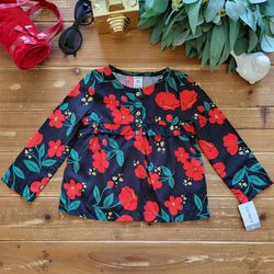 2T BLACK LIGHTWEIGHT LONG-SLEEVE TUNIC W/RED FLORALS **BRAND NEW**