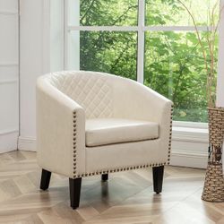 KINWELL 29" W Modern Faux Vegan Leather Barrel Chair, PU Upholstered Tufted Accent Club Chairs with Nailhead Trim, Small Armchair for Living Room Bedr