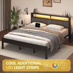 ❤️🔥 #A King Size Bed Frame with LED Lights and Charging Station, Light Grey$100