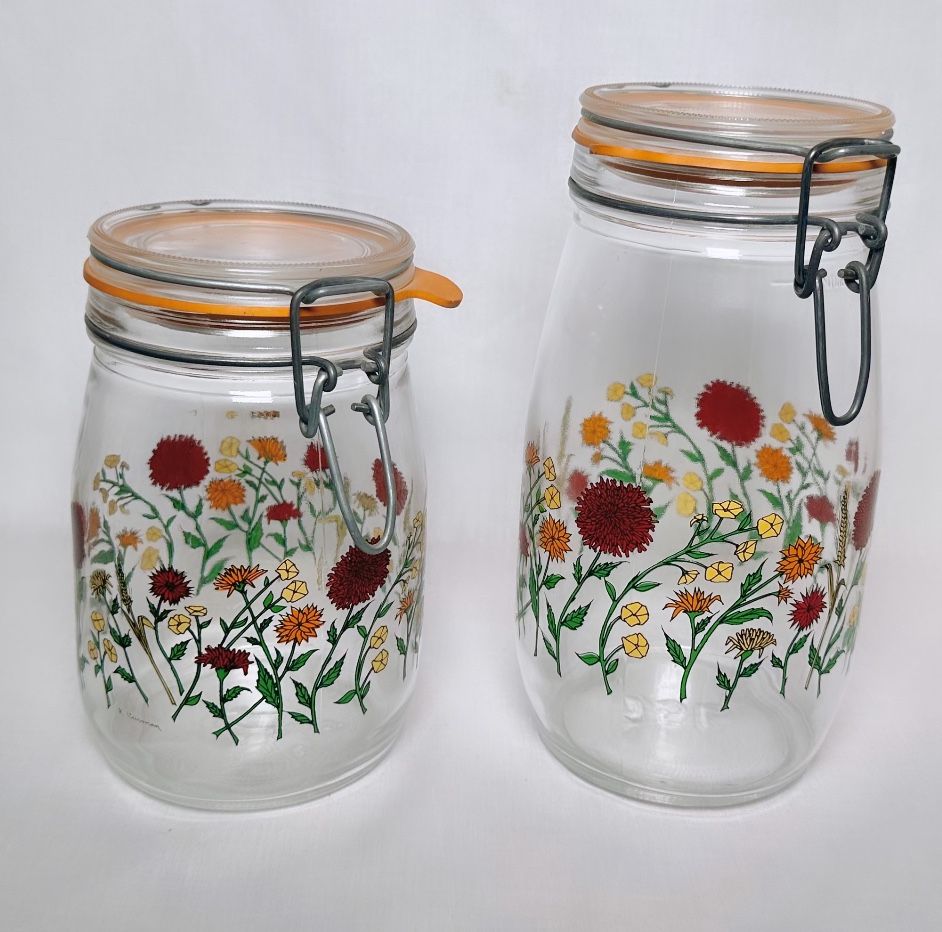 Set of 2 Vintage 1970s Glass Canisters by Artist R. Carman for Arc France