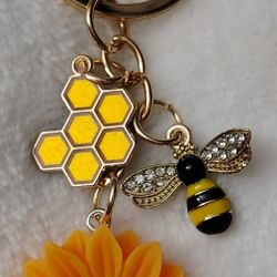 Brand New Sunflower, bee And Honeycomb Keychain 