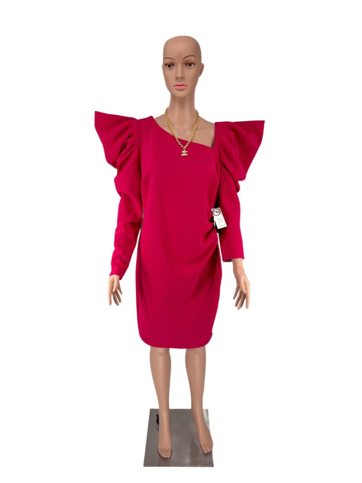 Pink asymmetrical shoulder long sleeve bodycon dress with puffy pleated sleeves