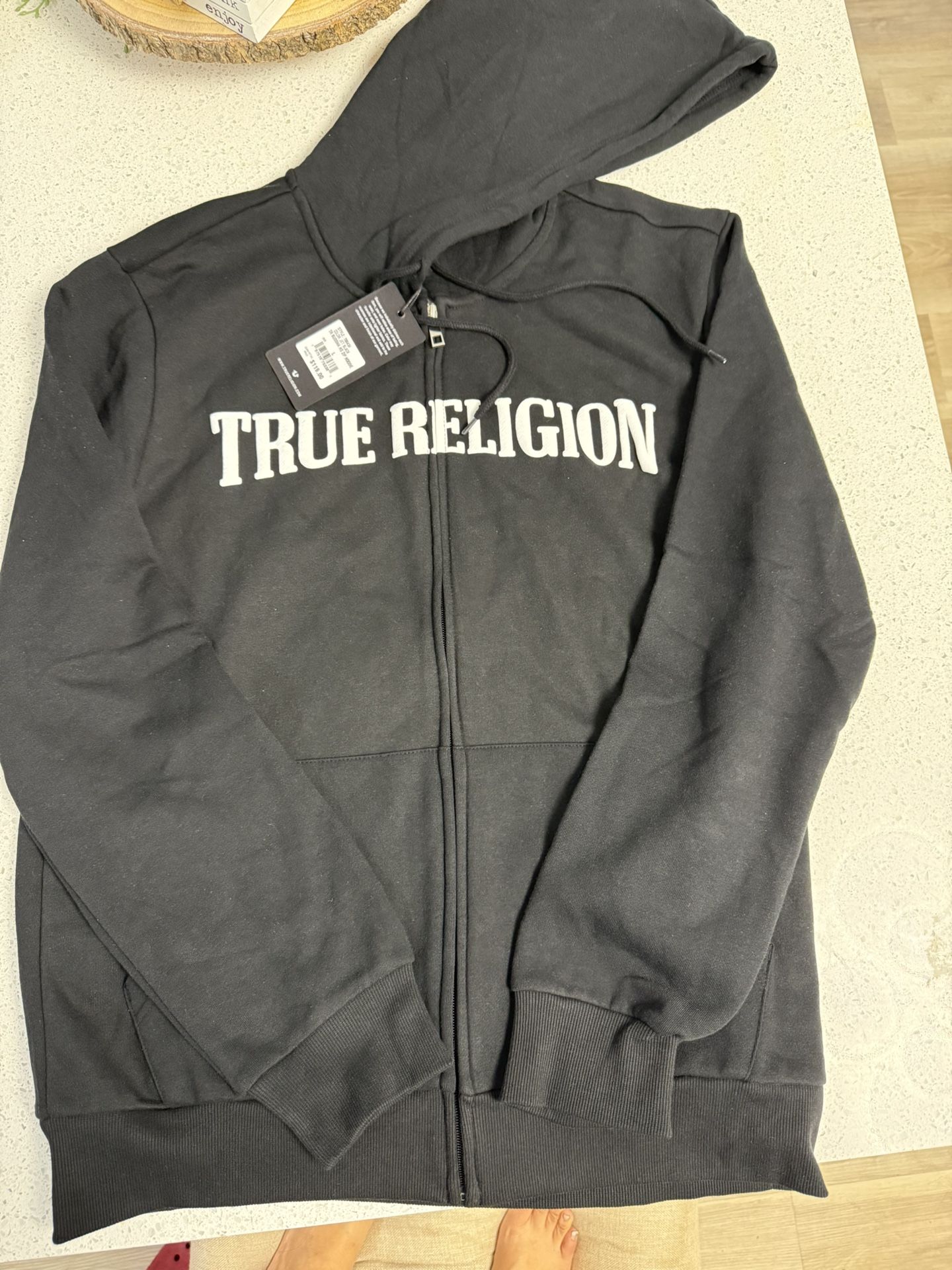 True Religion Hoodie – Size Large (Black & Light Blue)