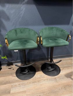 Green Velvet Bar Stools with Gold Arms – Set of 2