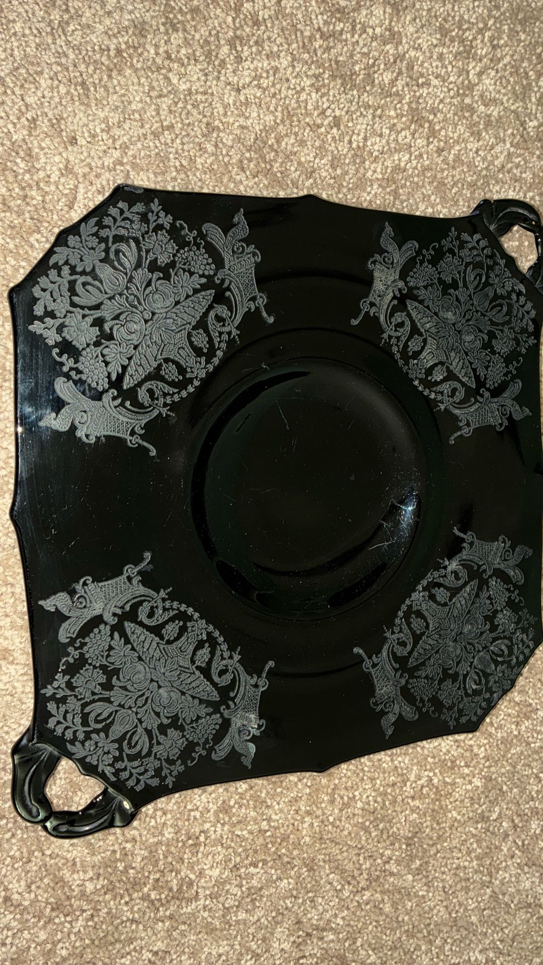 Vtg Ardith Etch BLACK GLASS PLATTER /TRAY