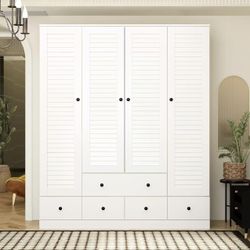 Armoire Wardrobe Closet with 4 Shutter Doors, with 5 Drawers & Shelves for Bedroom, White $250 
