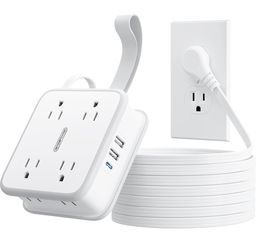 Flat Extension Cord 10 FT Power Strip with 8 Widely Outlets 3 USB Ports 1 USBC