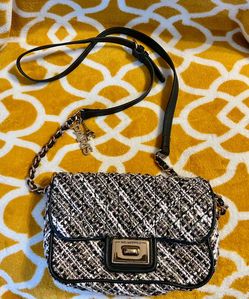 KARL LAGERFELD PARIS Black/White Tweed Crossbody Bag Chain Turn Lock, Detach