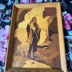 Wooden Jesus Picture Wall Hanging 21.5in x 16in x 2in Signed Leon Larsen