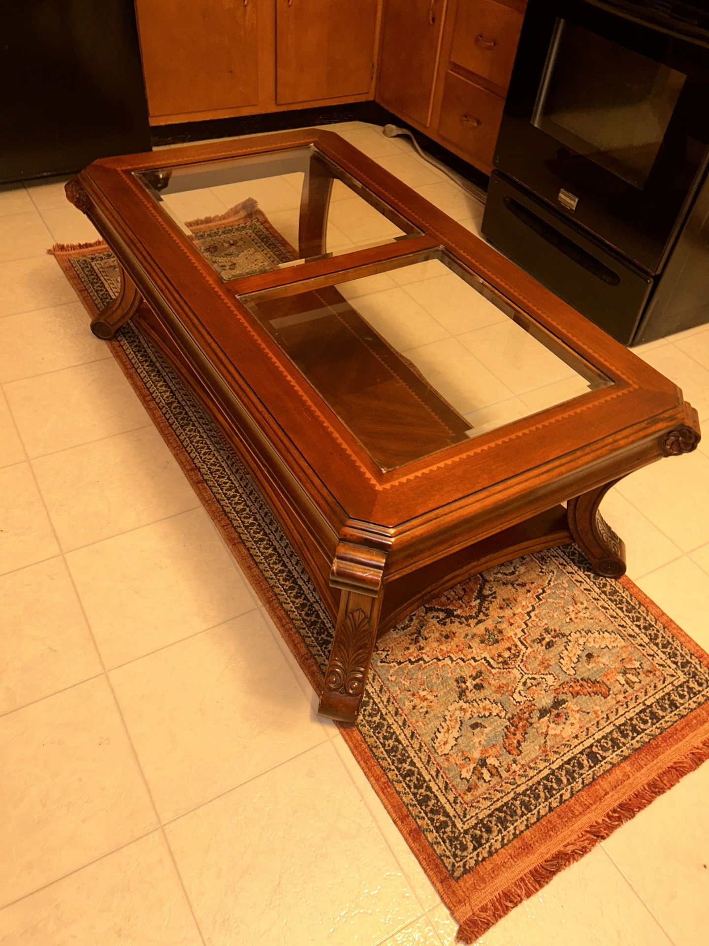 Solid Wood Coffee Table with Glass and Floor Shelf