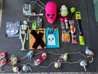 Random Halloween decor and dress up items Party lite candle holder  Pink hair sprays Skull clown rope decor & more