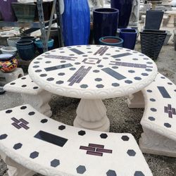 Concrete Mosaic Picnic Table with 3 Benches/ Outdoor Patio Furniture