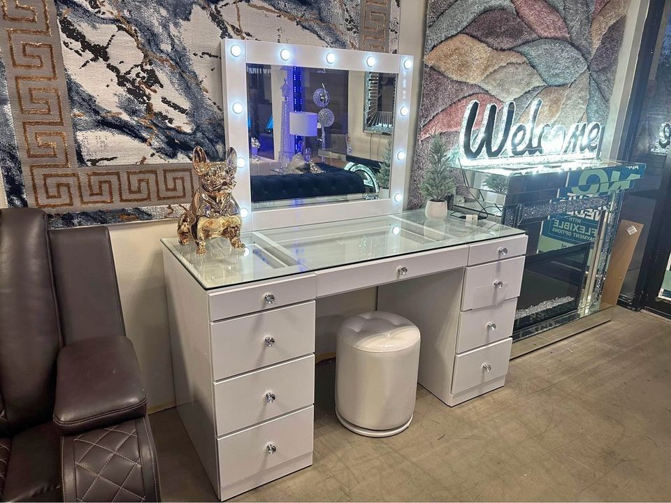 New💌$10 Down Payment Finance 💌Avery White 3 Piece Vanity Set ( Desk/Mirror/Stool )