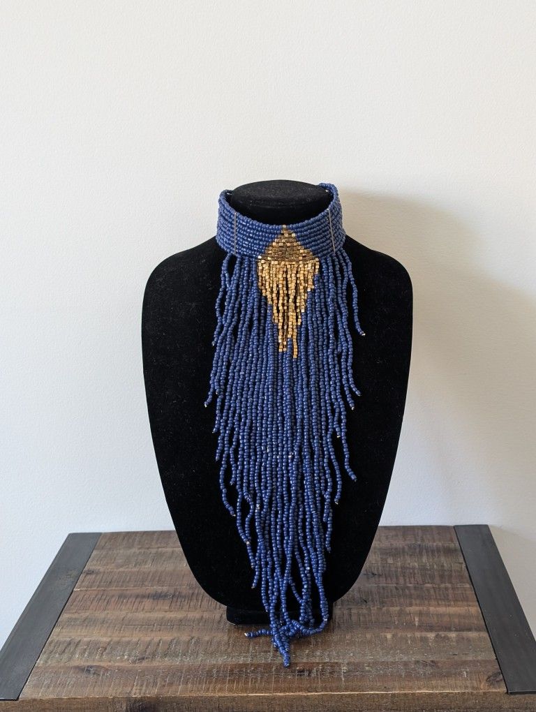 Extravagant Beaded Necklace - Blue & Gold