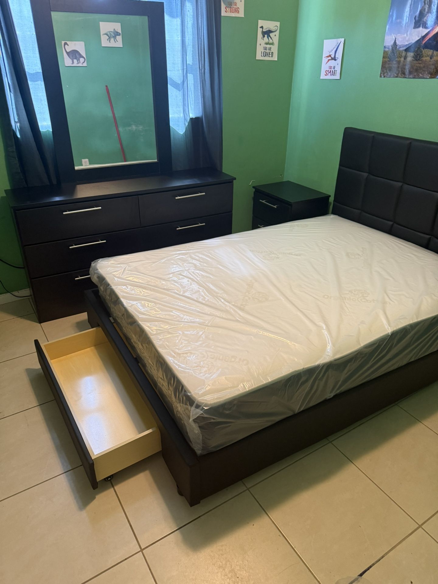 Full Size Bed Frame With Mattress And 1 Nightstand And Dresser And Mirror All New Furniture And Free Delivery Free Installation