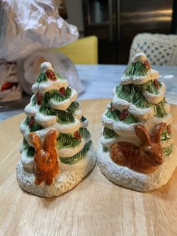 Snowy Christmas Trees with Bunnies Salt and Pepper Shaker Set - Holiday - 4"T