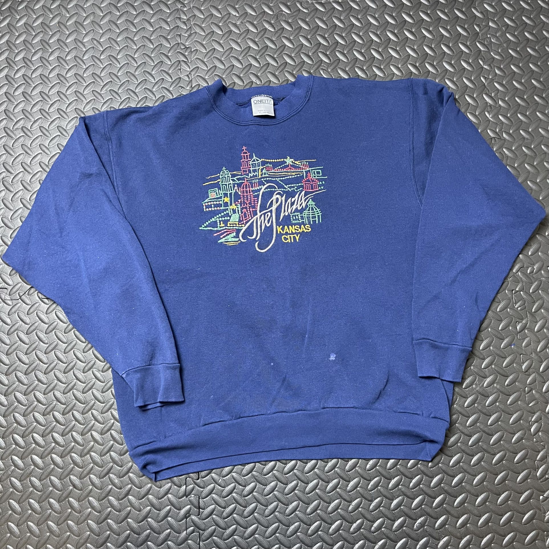 Vintage 90s The Plaza Lights Kansas City Sweater Men's XL Blue Embroidered USA