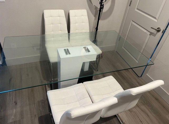 Modern 5-Piece Glass Dining Table Set with White Faux Leather Chairs