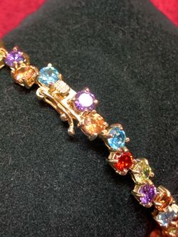Beautiful Gold Over 925 Sterling Silver Multicolor Crystal Tennis Bracelet – 7.5"