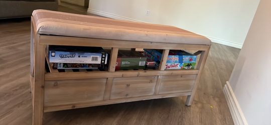 Rustic Farmhouse Storage Bench with Drawers & Removable Cushion