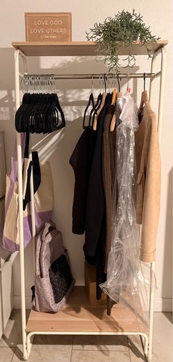 Modern Clothing Rack with Wood Shelves – Excellent Condition | Best Offer